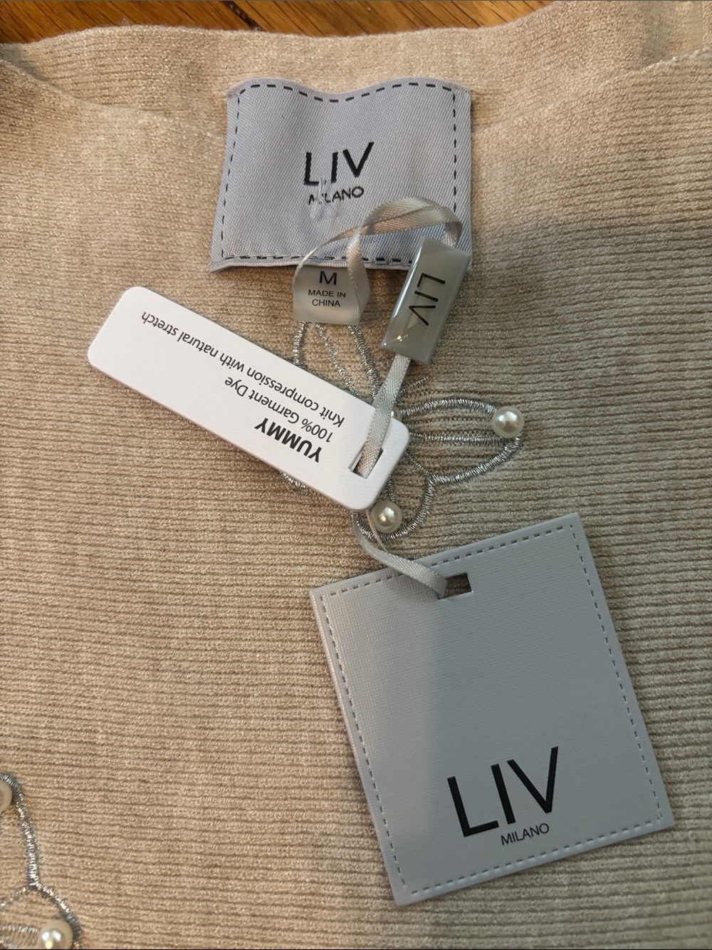 Liv Milano Heather Oatmeal Crewneck Sweater with Beaded Butterflies - Picture 3 of 9